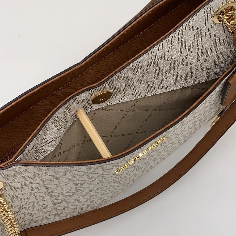 MICHAEL KORS LARGE X CHAIN SHOULDER TOTE BAG VANILLA SIGNATURE - Picture 8 of 16